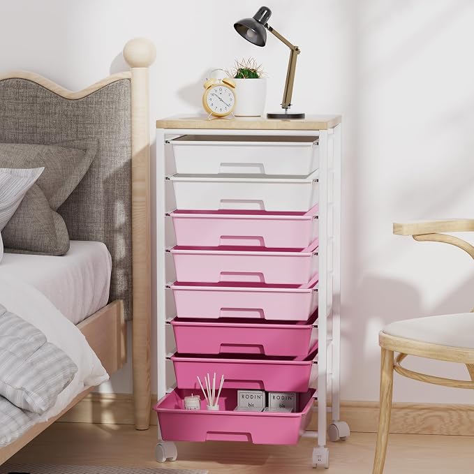 Rolling Cart with 8 Drawers, Storage Drawers Cart with Wooden Tabletop and - Image 3