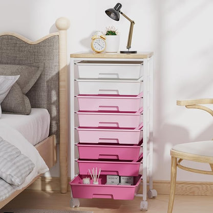 Rolling Cart with 8 Drawers, Storage Drawers Cart with Wooden Tabletop and - Image 3