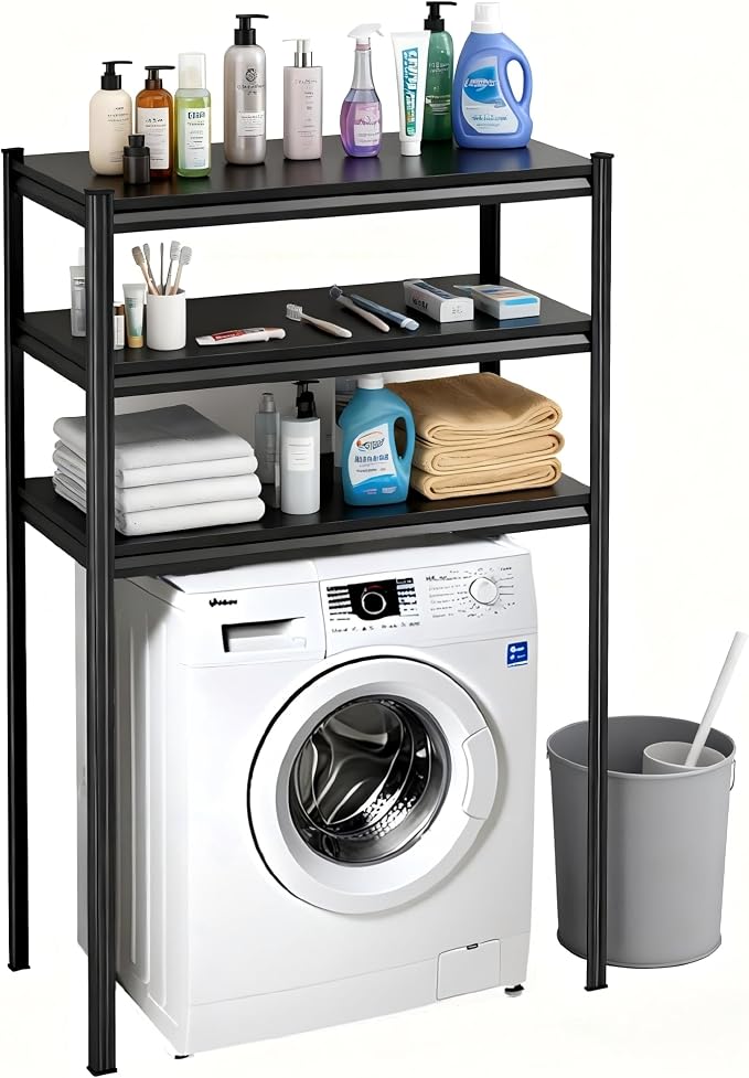 Height-Adjustable Bathroom & Laundry Storage Shelf, 3-Tier Metal Organizer Rack by HYMNXEMO