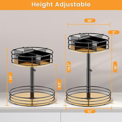 2 Tier Lazy Susan Snack Organizer, Adjustable Height, Wood Rotating Spice Rack - Image 3