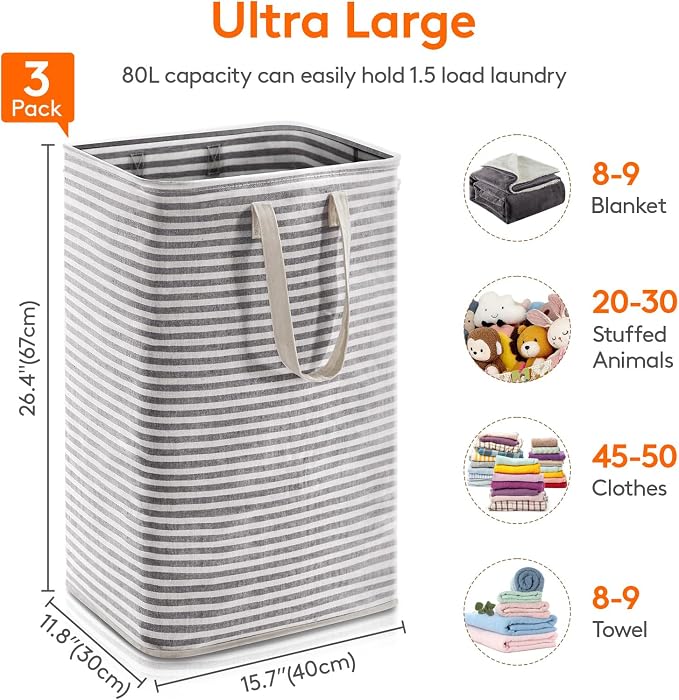 Lifewit 3 Pack Laundry Basket 80L Each, Collapsible Clothes Hamper - Image 3