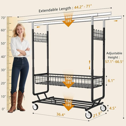 Heavy Duty Clothes Rack with Metal Basket, 720 LBS Rolling Double Rod Garment - Image 8
