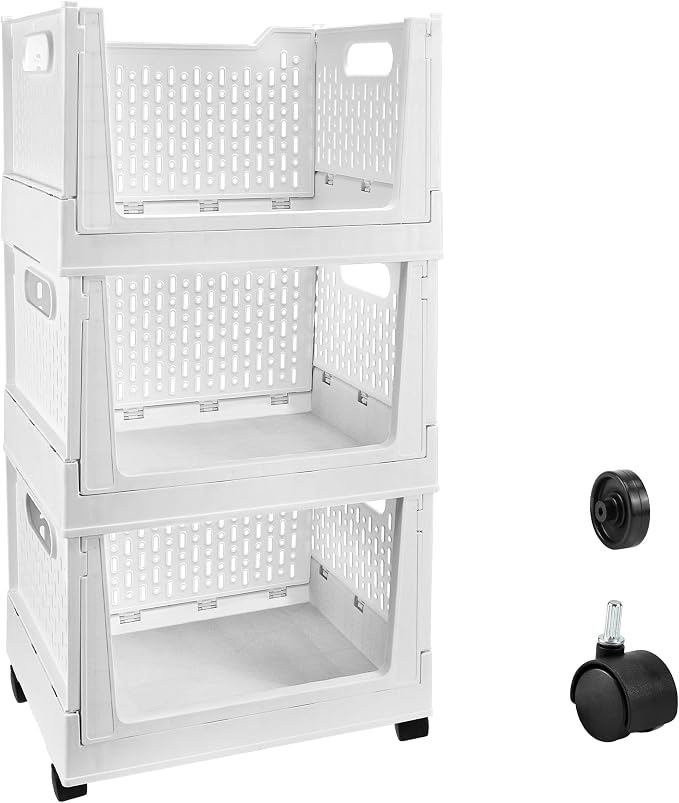 Stackable Plastic Storage Basket, 3 Pack Foldable Closet Organizers and Storage - Image 9