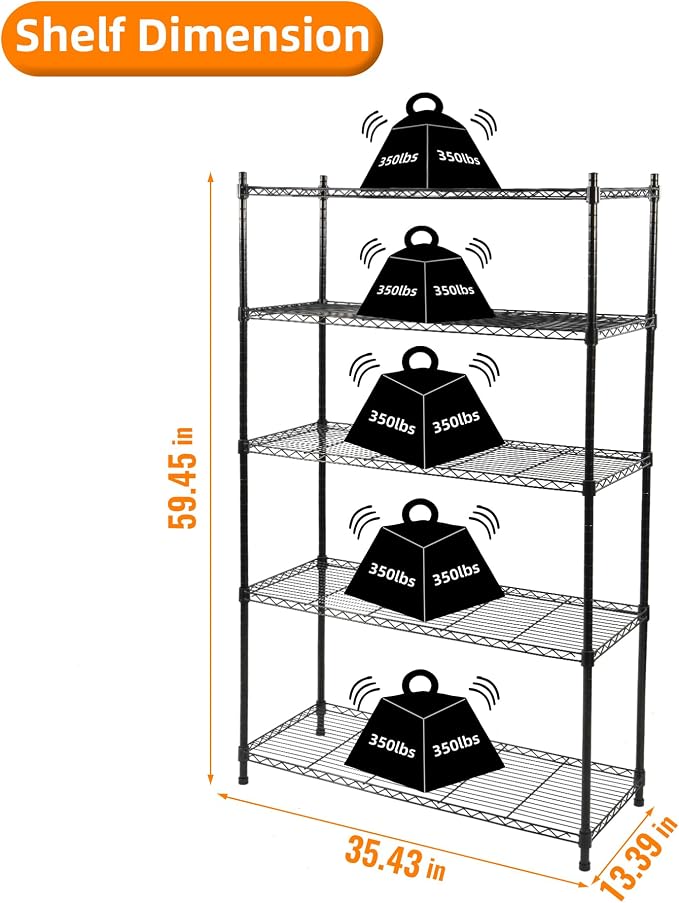 Elevon 5-Tier Storage Shelves, Adjustable Metal Wire Shelving Unit - Image 3