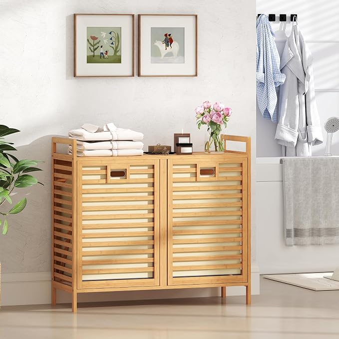 Giantex Tilt Out Laundry Hamper, 20 Gal Bamboo Laundry Storage Cabinet - Image 3