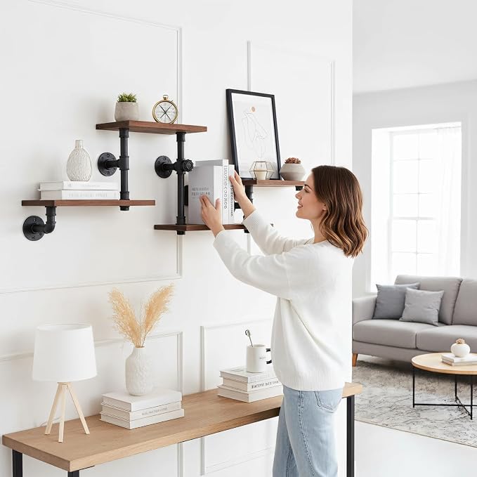Industrial Rustic Modern Solid Wood Ladder Pipe Wall Mounted Floating Shelves – - Image 8