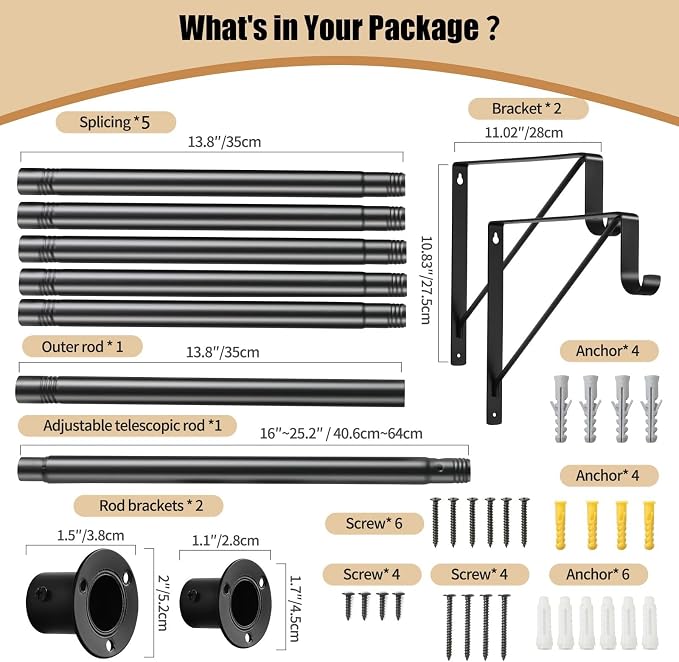 Closet Rod, 16 to 100 Inch Closet Rods Heavy Duty Adjustable Wardrobe Poles - Image 7