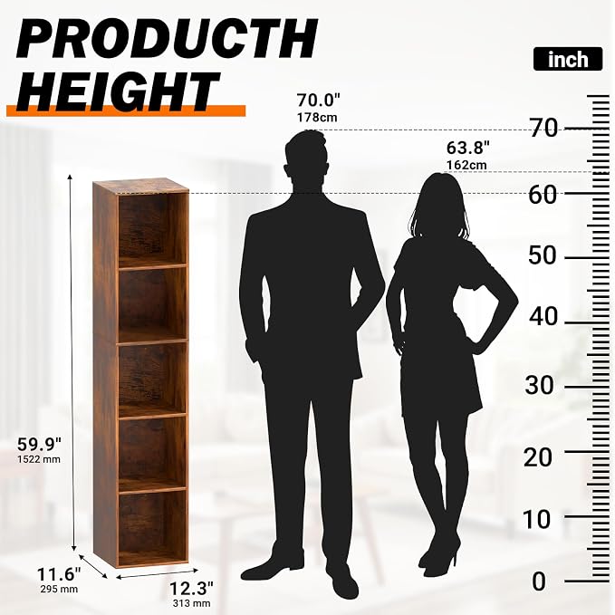 Cube Storage Organizer, 5 Cube Retro Bookshelf, Freestanding 5 Tier Open Shelf - Image 4