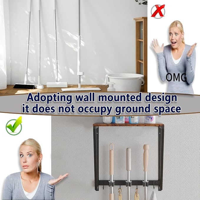 Wall-mounted broom and mop storage rack, equipped - Image 3