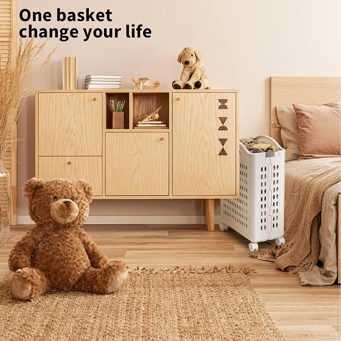 Rolling Laundry Hamper with Wheels White Plastic Storage Bin with Handles - Image 9
