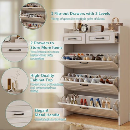 Shoe Cabinet with 3 Large Flip Drawers and 2 Storage Drawers, Narrow Shoe - Image 3