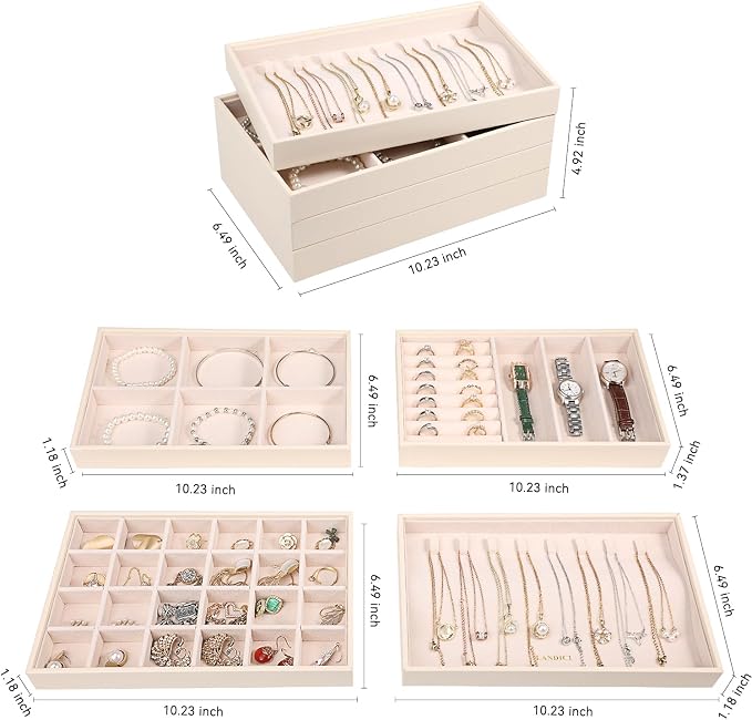 LANDICI Stackable Jewelry Organizer Trays 4 Set, PU Leather Jewelry Organizer - Image 4