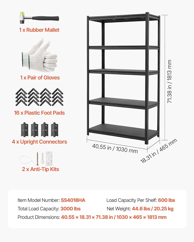 VEVOR Storage Shelves, 5-Tier Adjustable, 3000 lbs Capacity, Heavy Duty Garage - Image 8