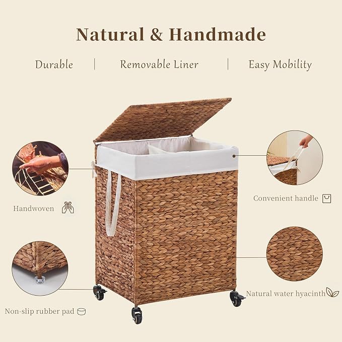 2-Section Laundry Hamper with Lid, Large Capacity Woven Natural Water Hyacinth - Image 7