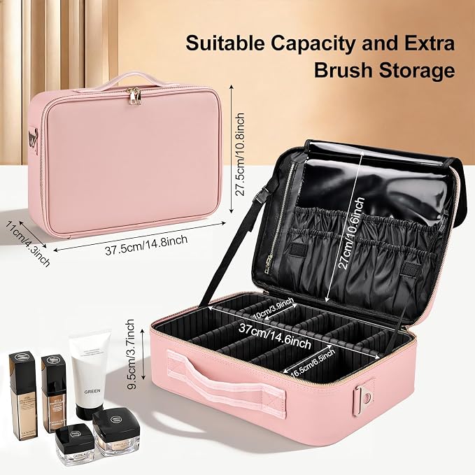 Travel Makeup Bag with Brush Holder, Professional Cosmetic Train Case Organizer - Image 2