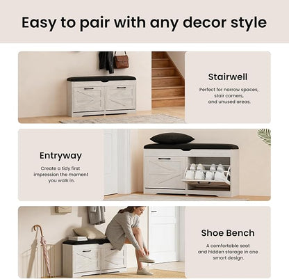 39" Shoe Storage Bench with Seat Cushion, Ash White | 8-Pair Shoe Capacity - Image 9