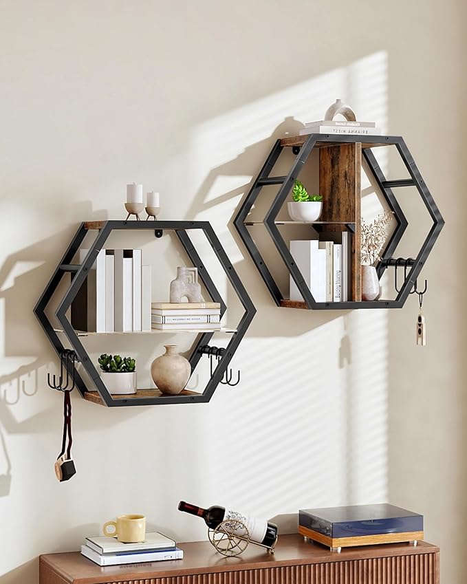 Hexagon Floating Shelves Set of 2, Glass Hanging Shelves by Choezon