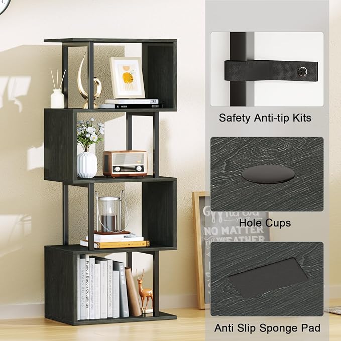 Furologee Geometric Bookshelf 5 Tier Bookcase, Industrial S-Shaped Display - Image 7