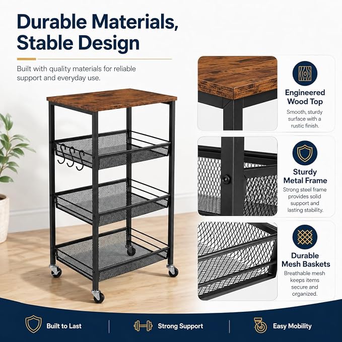Homleke 4-Tier Rolling Kitchen Storage Cart, Utility Cart - Image 6