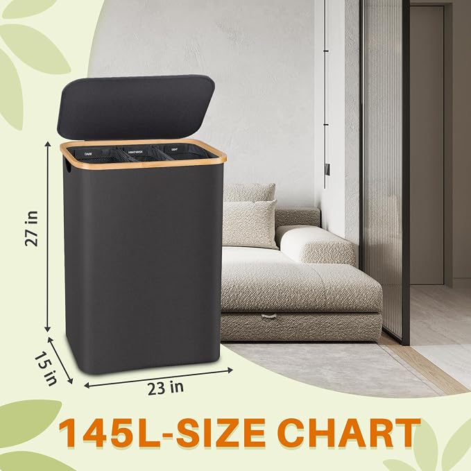 145L Laundry Hamper with Lid, 3 Section Laundry Basket with 3 Removable Bag | - Image 2