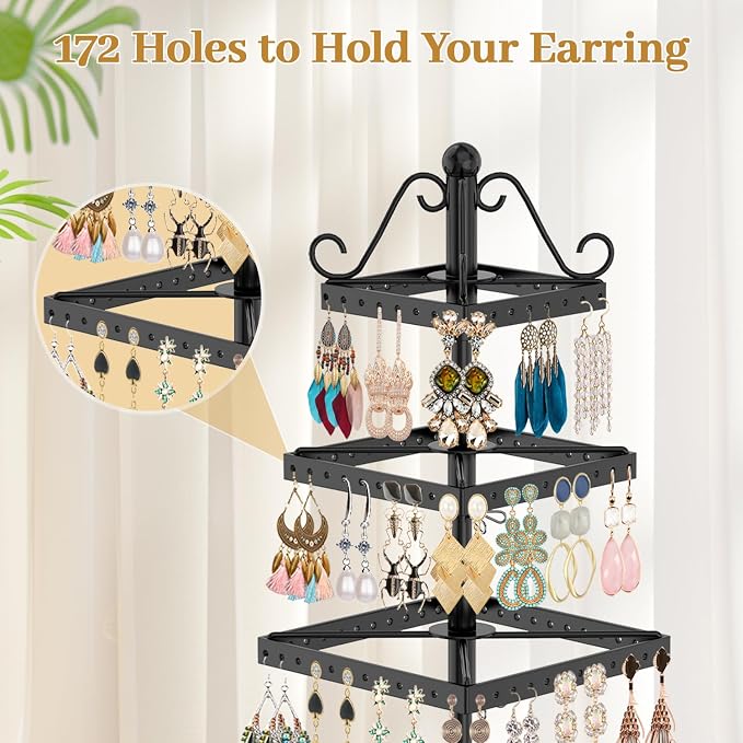 MODOWEY Rotating Earring Holder Organizer Stand, 4 Tier Adjustable Metal - Image 5