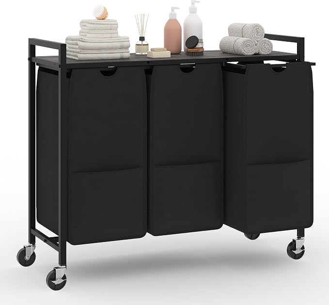 3-Section Laundry Hamper with Shelf, Pull-Out Removable 12.8 gal Bags, Metal by GarveeHome