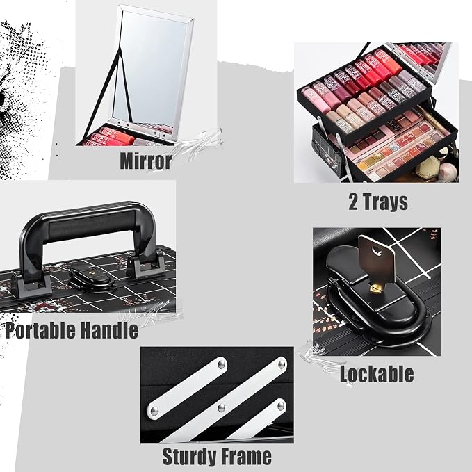 Joligrace Makeup Train Case Portable Makeup Case Organizer 2 Trays Cosmetic Box - Image 7