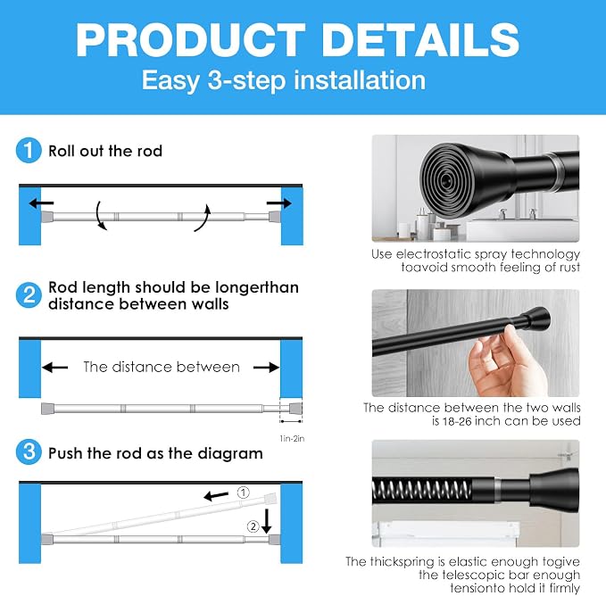 2 Pack Spring Tension Rod, Adjustable 18-26 Inch No Drill, Fits Windows Kitchen - Image 7
