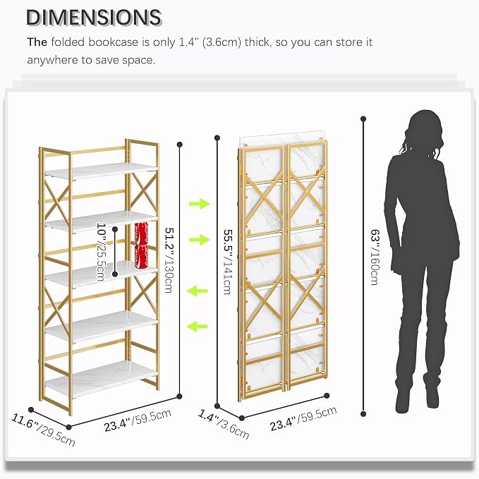4NM 5 Tiers No Assembly Book Shelves, 51.2" H Folding Bookshelf Bookcase Open - Image 2