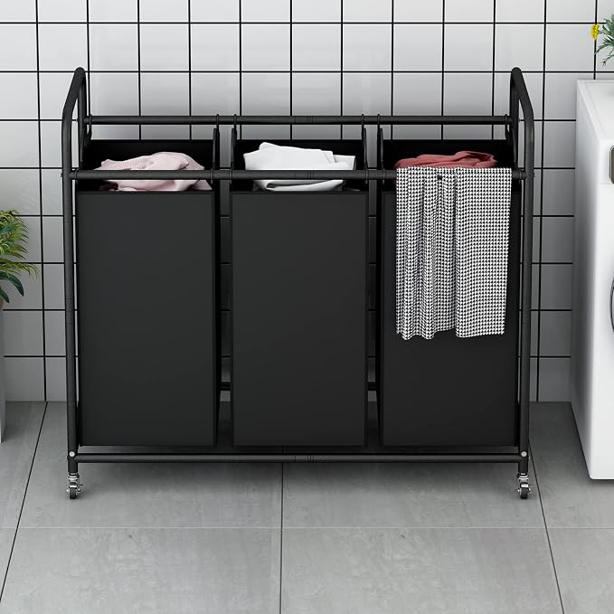 LINZINAR 3-Bag Laundry Basket Hamper Laundry Sorter Cart laundry room - Image 2