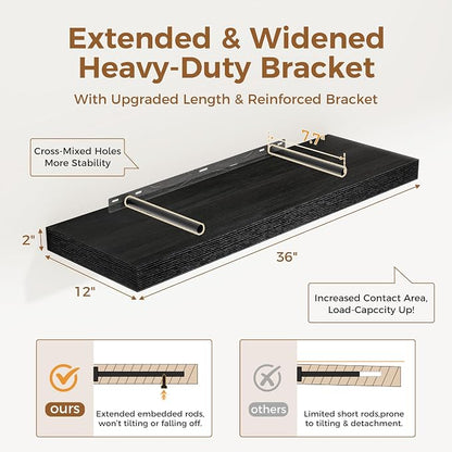 Black Floating Shelves 36 Inch Long, 12 Inch Deep Floating Shelves - Image 3
