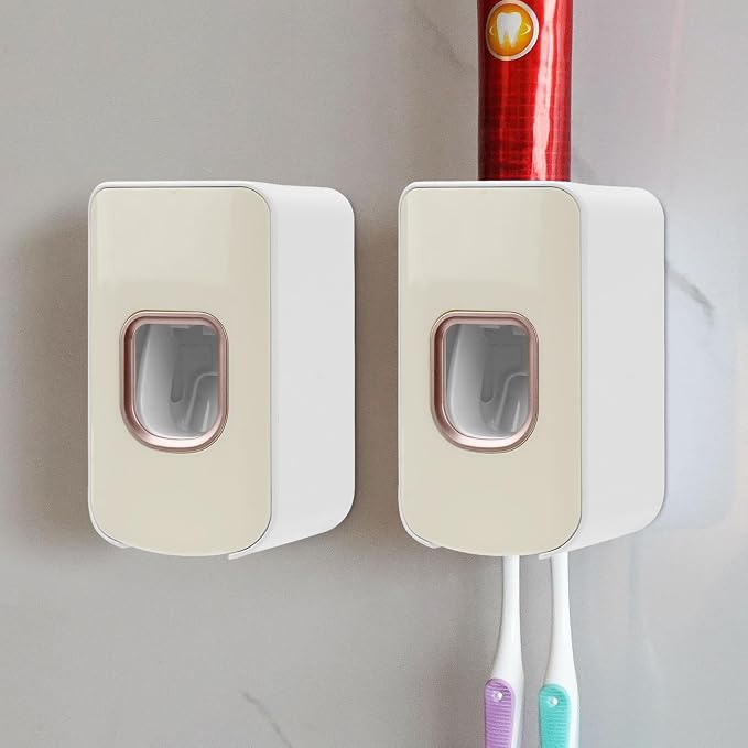 2 Slot Toothbrush Holder and Toothpaste Dispenser Wall Mounted, Automatic by LUEXBOX