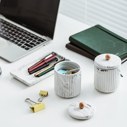 Marble Small Bathroom Jar Set ，Ceramic Cotton Swabs Holder - Image 4