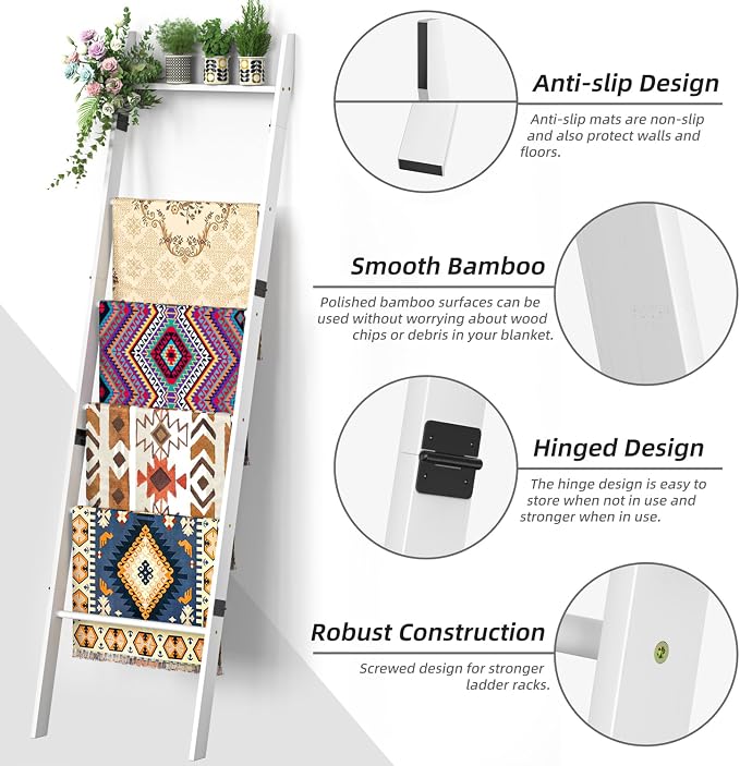 BAMBANG 6-Tier Blanket Ladder for Living Room, Blanket Quilt Ladder Rack Rustic - Image 5