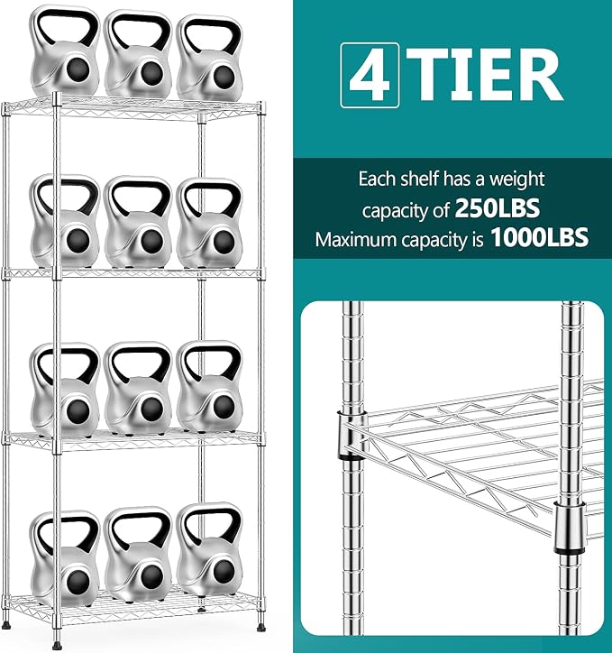 IZEUK 4-Tier Chrome Metal Storage Shelves, Adjustable Wire Shelving Unit - Image 3