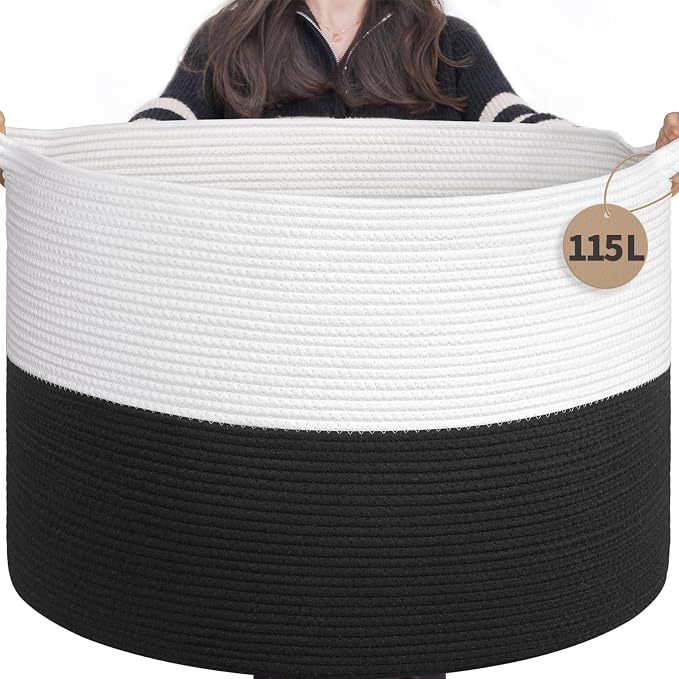 INDRESSME 115L Extra Large Cotton Rope Blanket Basket, Woven Storage by INDRESSME