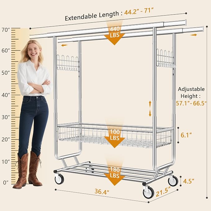 Heavy Duty Clothes Rack with Metal Basket, 720 LBS Rolling Double Rod Garment - Image 8