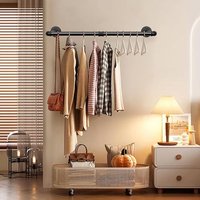Industrial Iron Pipe Clothes Hanging Bar DIY Wall-Mounted Garment Rack Heavy - Image 9