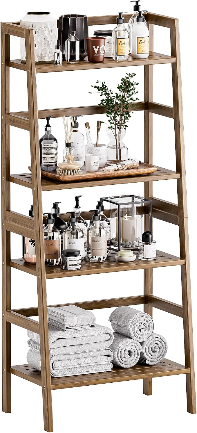 HITNET Ladder Shelf, 4-Tier Bamboo Bookshelf, Freestanding Open Display Storage by HITNET