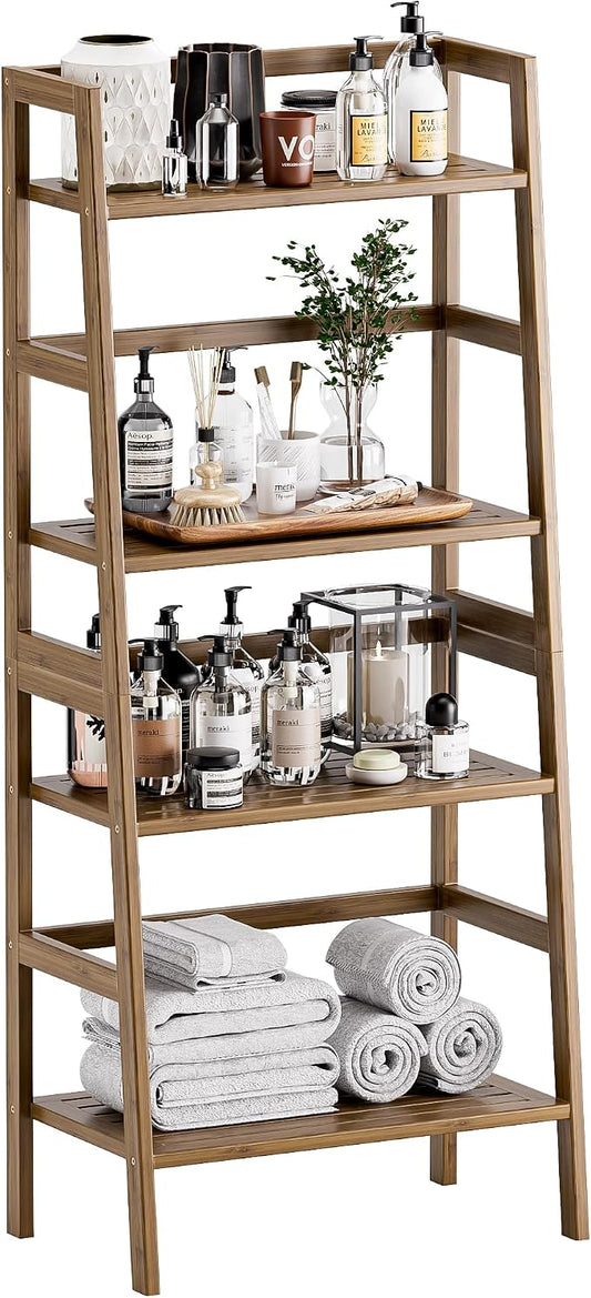 HITNET Ladder Shelf, 4-Tier Bamboo Bookshelf, Freestanding Open Display Storage by HITNET