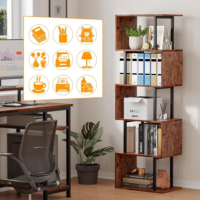 Furologee 6 Tier Bookshelf, Tall S Shaped Geometric Bookcase, Modern Display - Image 9