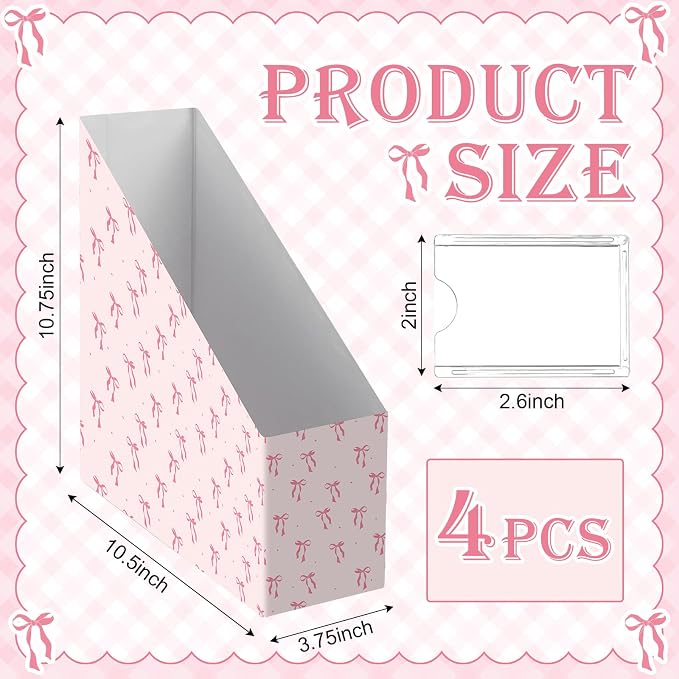 Pink Bow Magazine File Holder Decorative Set of 4 | Foldable Magazine Storage - Image 2