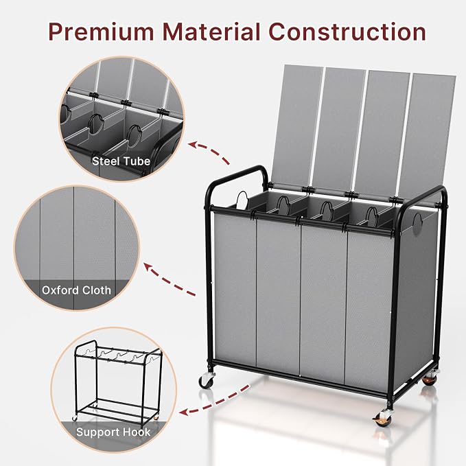 180L Laundry Sorter 4 Section – Heavy Duty Rolling Laundry Basket - Image 7