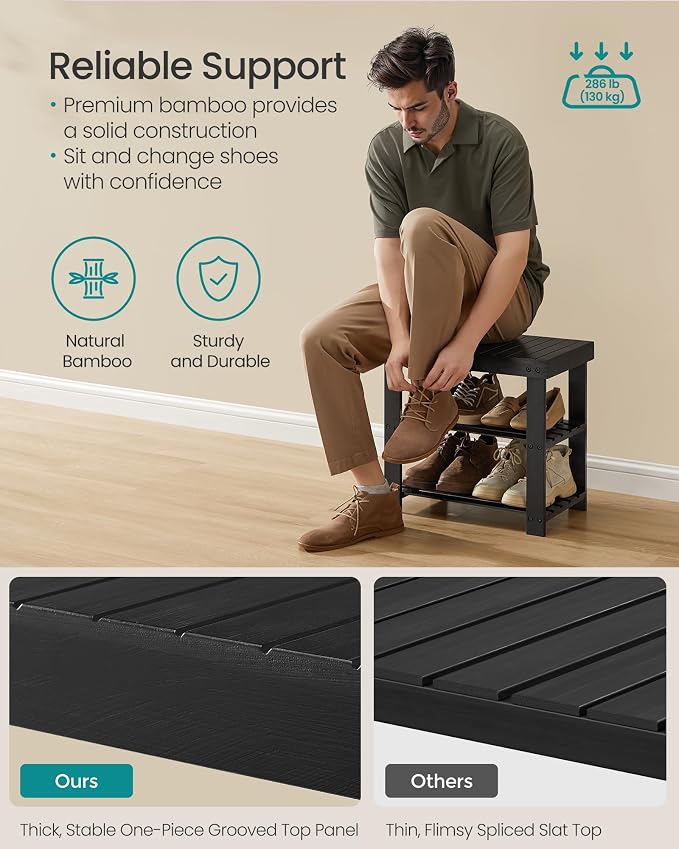 SONGMICS Shoe Rack Bench, 3-Tier Bamboo Shoe Storage Organizer, Entryway Bench - Image 4