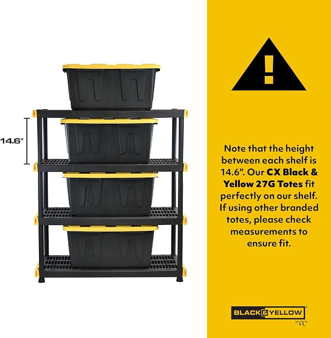 CX Black & Yellow, 4-Tier Heavy Duty Plastic Storage Shelving Unit, 200lbs/shelf - Image 3