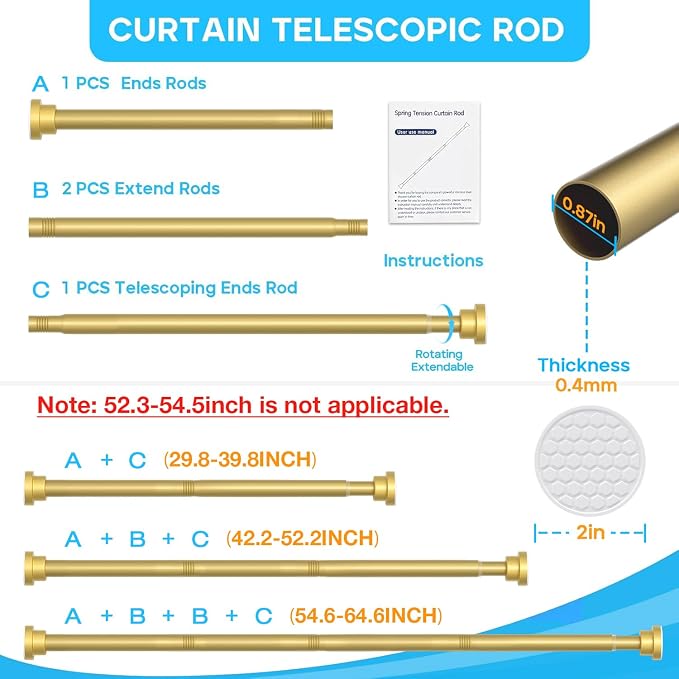 1 Pack Gold Spring Tension Curtain Rod 30-64 Inches, 7/8" inch Adjustable - Image 2