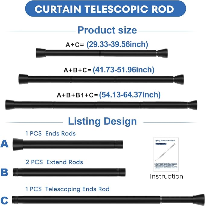Shower Curtain Rod 2 Pack Adjustable Curtain Rods 30-64 Inch Black Shower - Image 4