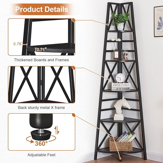 HOMBAZAAR 5 Tier Corner Shelf, 72 Inch Industrial Corner Bookshelf, Tall Ladder - Image 6