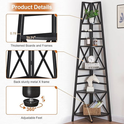 HOMBAZAAR 5 Tier Corner Shelf, 72 Inch Industrial Corner Bookshelf, Tall Ladder - Image 6