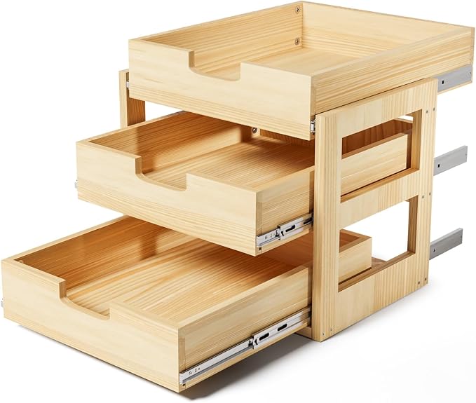 Pull Out Cabinet Organizer, 3 Tier Soft Close Slide Out Wooden Pull out Drawers by Gsskny